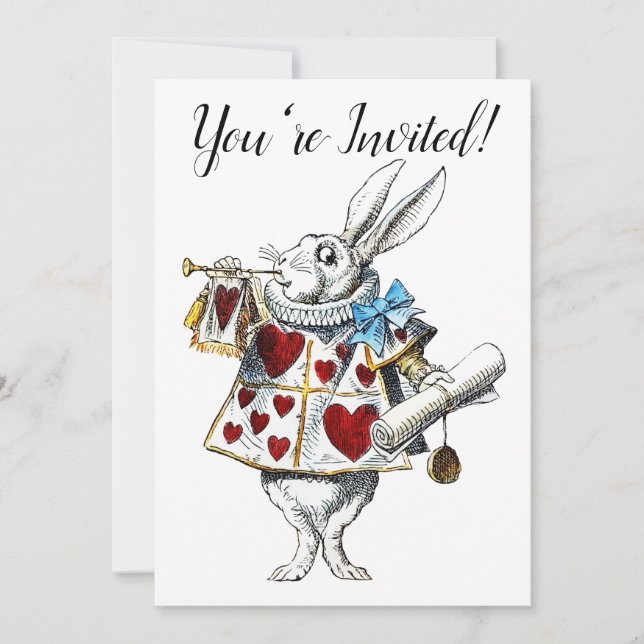 Invitación Conejo Blanco Alice Wonderland Corazones (Anverso)
