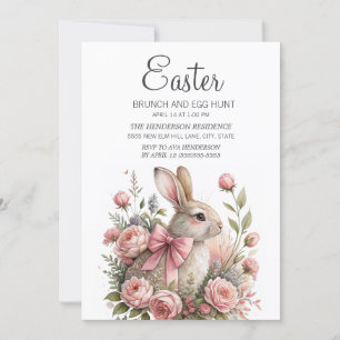 Invitación Conejo Brunch de Pascua con Lazo Rosa Caza de Huev
