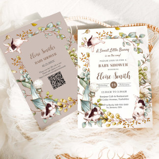 Invitación Conejo Bunny Botánico Vintage QR Baby Shower