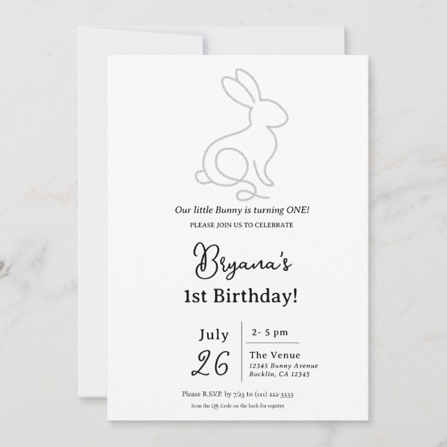 Invitación Conejo Bunny de Cuerda Minimalista Cumpleaños Mode (Anverso)