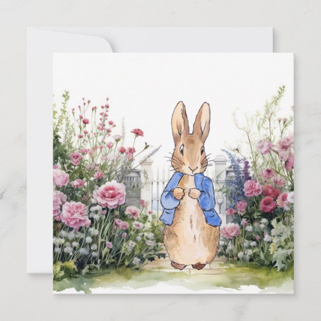 Invitación Conejo clásico en su jardín de flores (Anverso)