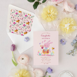 Invitación conejo color agua rosa en el jardín de los niños c