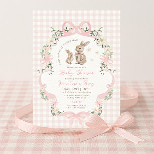 Invitación Conejo con lazo rosa Gingham floral niña Baby Show