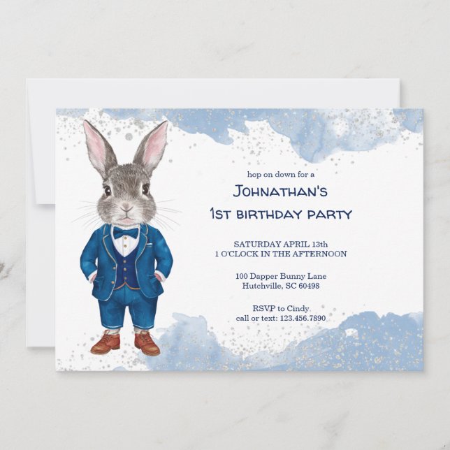 Invitación Conejo con salsa azul en fiesta de cumpleaños de n (Anverso)