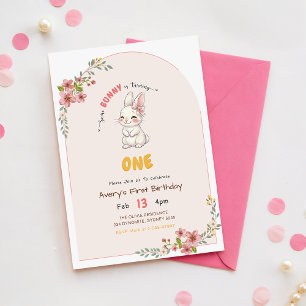 Invitación Conejo Conejito Lindo Rosa Floral Cumpleaños 1