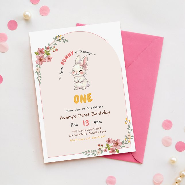 Invitación Conejo Conejito Lindo Rosa Floral Cumpleaños 1 (Subido por el creador)