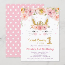 Invitación Conejo conejo conejito con floral rosa primer cump