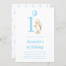 Invitación Conejo Conejo Conejo Cute y Azul Globo Primer Cump