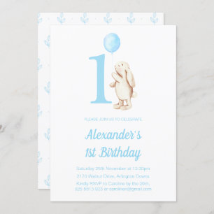 Invitación Conejo Conejo Conejo Cute y Azul Globo Primer Cump