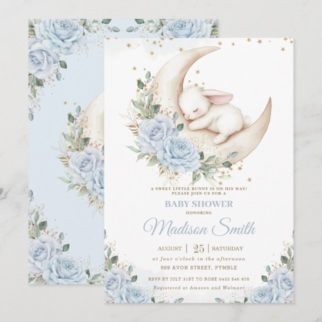 Invitación Conejo Conejo Conejo Moon Soft Blue Floral Boy Bab (Anverso / Reverso)