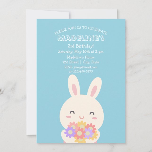 Invitación Conejo conejo conejo y flores kawaii cumpleaños de (Anverso)