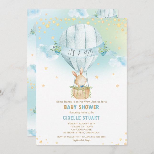 Invitación Conejo conejo de aire caliente globo Baby Shower B (Anverso / Reverso)