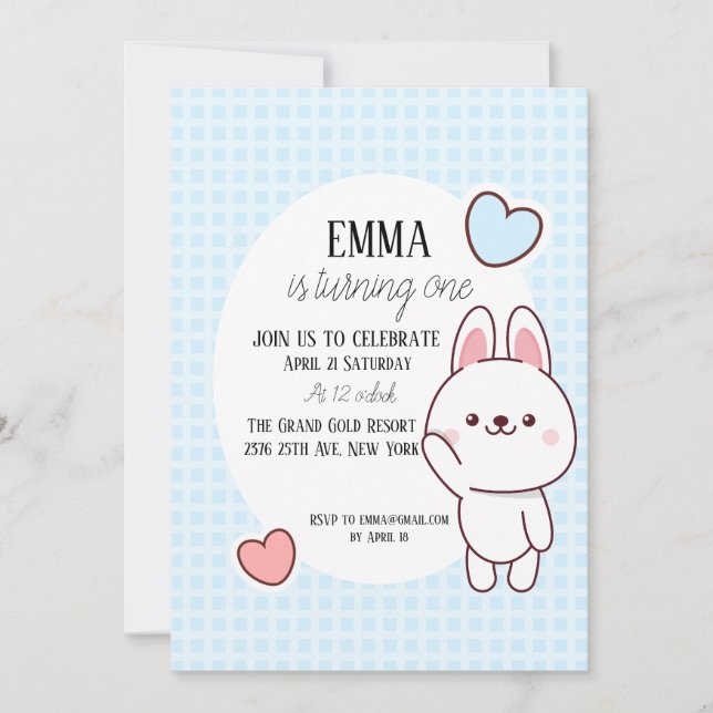 Invitación Conejo Cute Kawaii Primer Cumpleaños (Anverso)