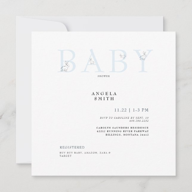 Invitación Conejo Cute Light Blue Gingham Baby Shower Sq. (Anverso)