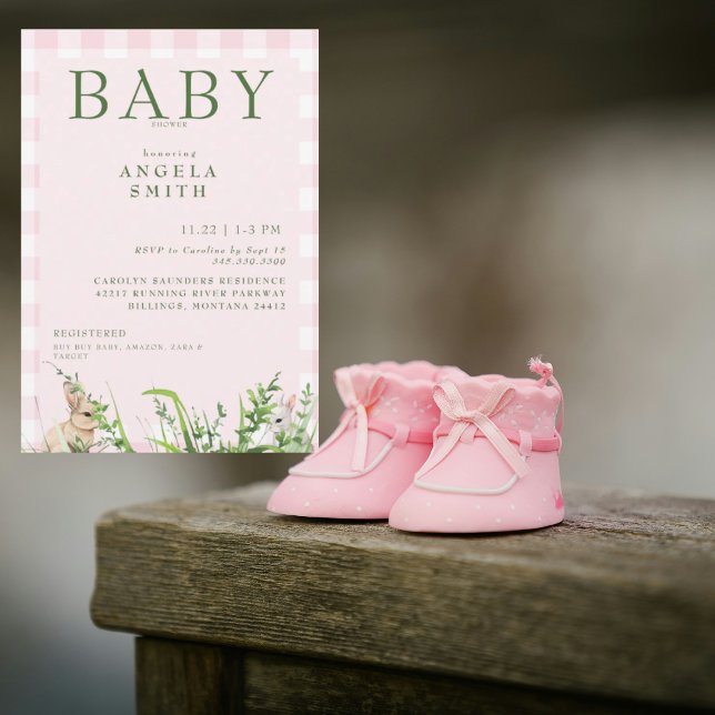 Invitación Conejo Cute Pink Gingham Baby Shower Invitat (Subido por el creador)