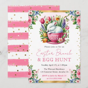 Invitación Conejo de Acuarela Flores de Primavera Brunch de P