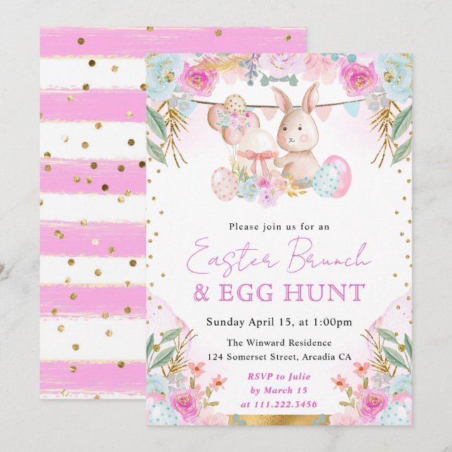 Invitación Conejo de Acuarela y Flores Brunch de Pascua (Anverso / Reverso)