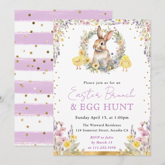 Invitación Conejo de acuarela y flores de primavera de Pascua (Anverso / Reverso)