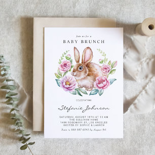 Invitación Conejo de Acuarela y Flores Rosadas Brunch de Bebé