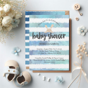 Invitación Conejo de Baby Shower Azul Blanco Raya Acuarela