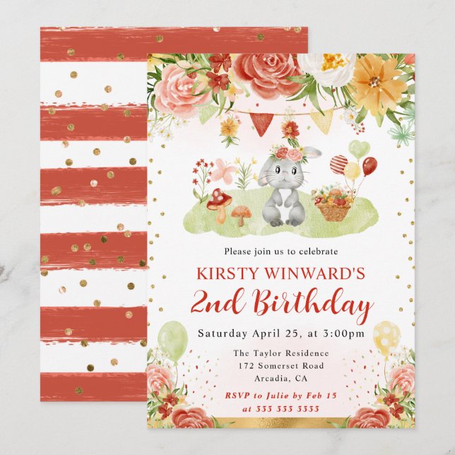 Invitación Conejo de bosque acuarela Cumpleaños infantil (Anverso / Reverso)