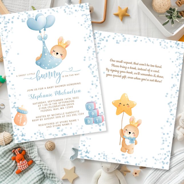 Invitación Conejo de chico dulce con Baby Shower de solicitud (Boy Rabbit Sweet Little Bunny Book Request Baby Shower Invitation)