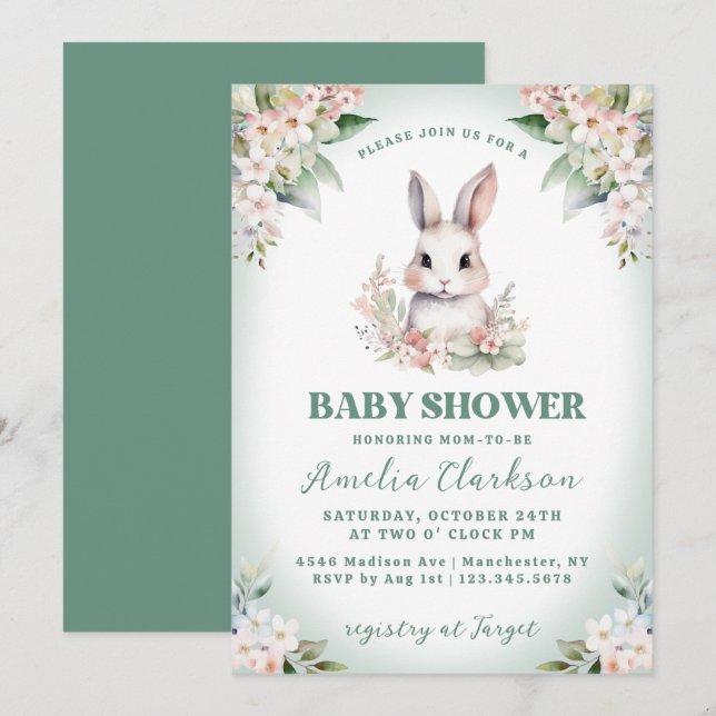 Invitación Conejo de conejo suave de Baby Shower verde y flor (Anverso / Reverso)