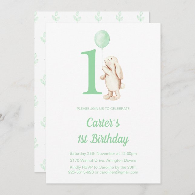 Invitación Conejo de conejo y globo verde 1 cumpleaños (Anverso / Reverso)
