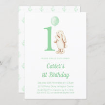 Conejo de conejo y globo verde 1 cumpleaños