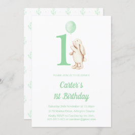 Invitación Conejo de conejo y globo verde 1 cumpleaños