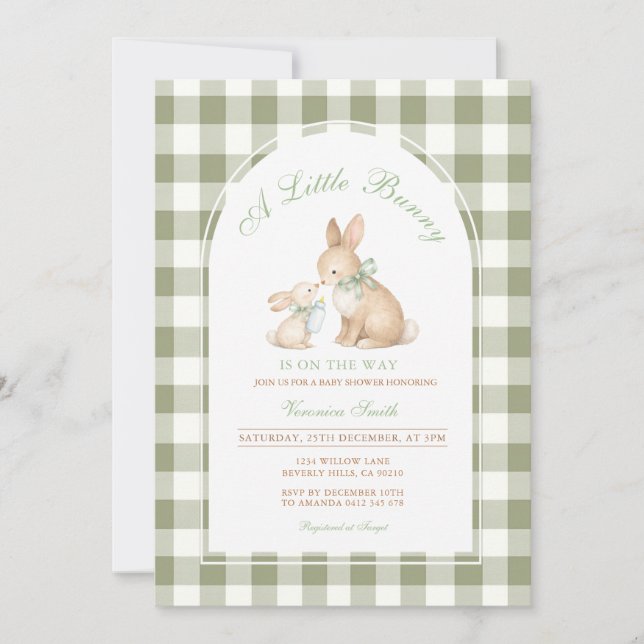 Invitación Conejo de Gingham Verde Fiesta de Bebé de Pascua d (Anverso)