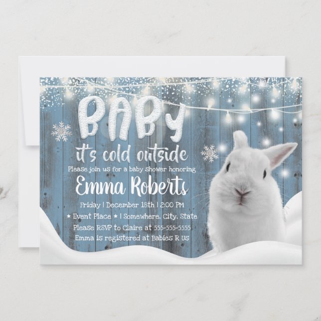 Invitación Conejo de invierno suave Dusty Blue Barn Baby Show (Anverso)