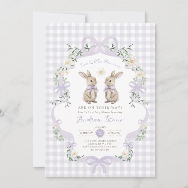 Invitación Conejo de lazo morado, fiesta de gemelos para bebé (Anverso)
