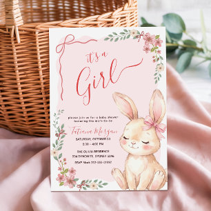 Invitación Conejo de lazo rosa a cuadros florales Baby Shower