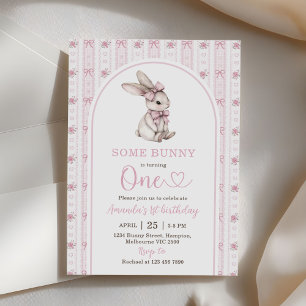 Invitación Conejo de lazo rosa conejito vintage cumpleaños 1