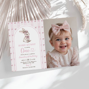 Invitación Conejo de lazo rosa vintage conejo foto de cumplea