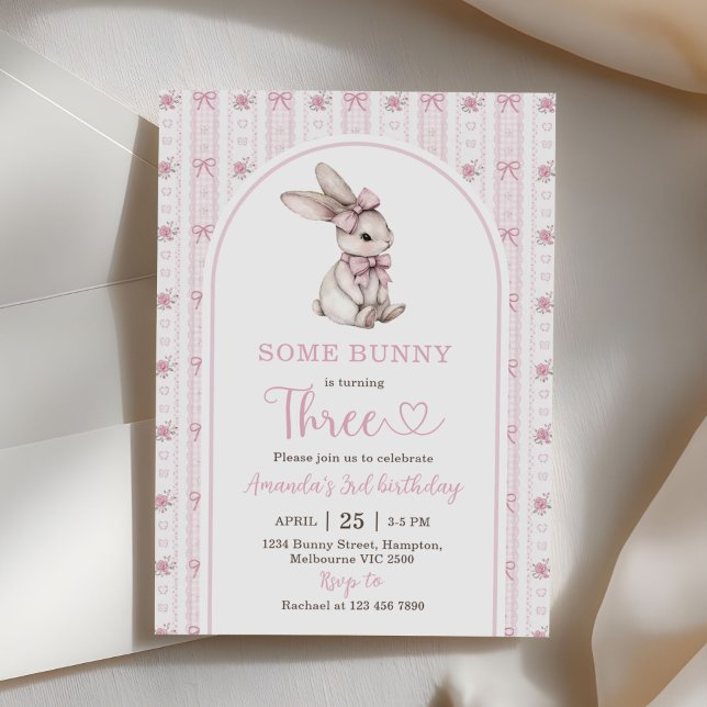 Invitación Conejo de lazo rosa vintage cumpleaños 3 (Subido por el creador)