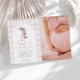 Invitación Conejo de lazo rosa vintage foto de baby shower