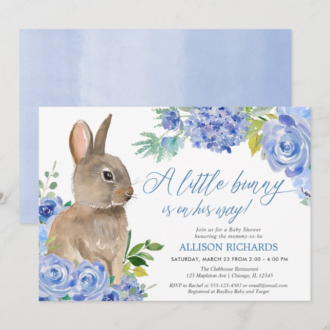Invitación Conejo de Pascua azul floral niño bebé ducha (Anverso / Reverso)