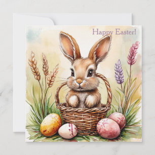 Invitación Conejo de Pascua con huevos pintados, acuarela