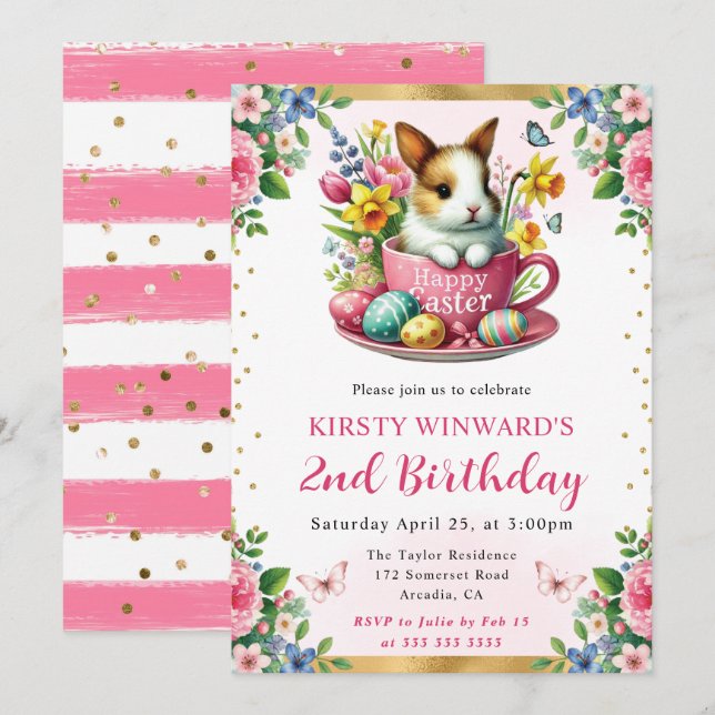Invitación Conejo de Pascua de Acuarela Flores de Primavera C (Anverso / Reverso)