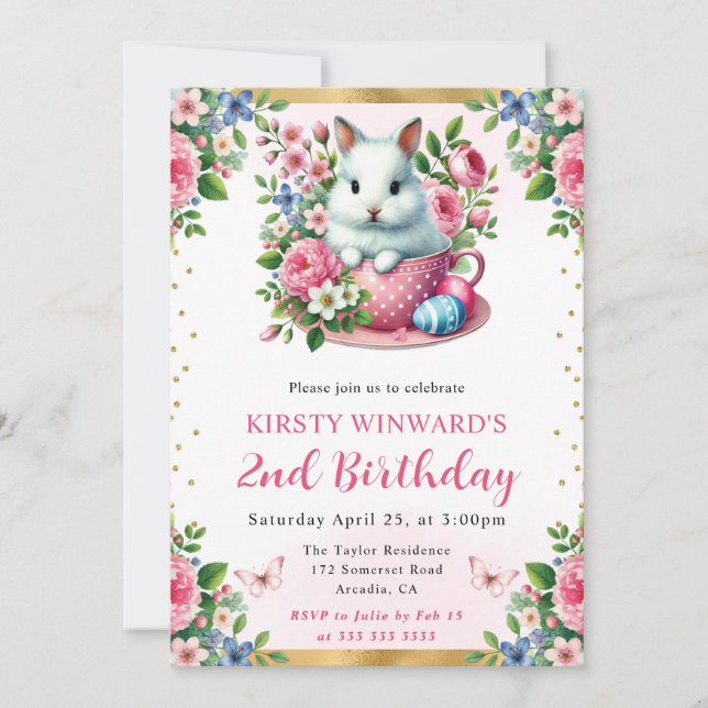 Invitación Conejo de Pascua de Acuarela Flores de Primavera C (Anverso)