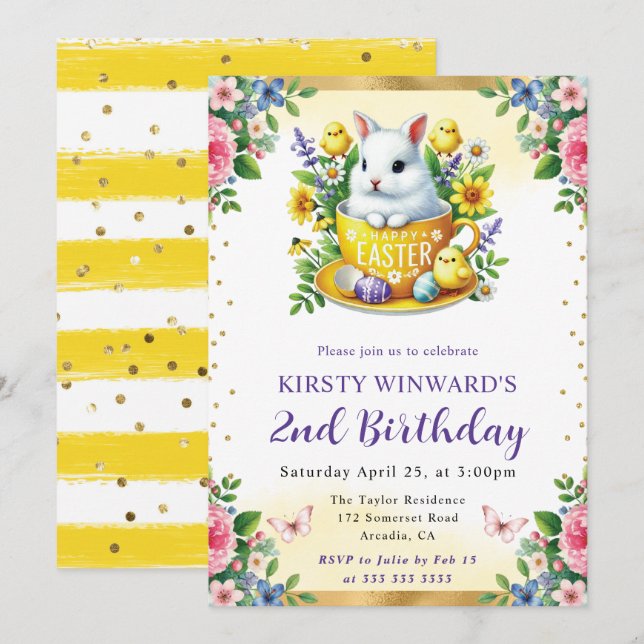 Invitación Conejo de Pascua de Acuarela Flores de Primavera C (Anverso / Reverso)