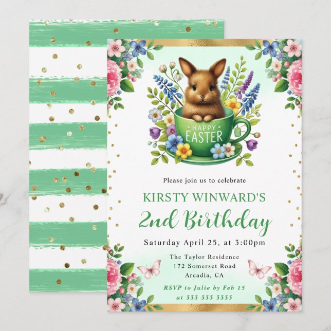 Invitación Conejo de Pascua de Acuarela Flores de Primavera C (Anverso / Reverso)