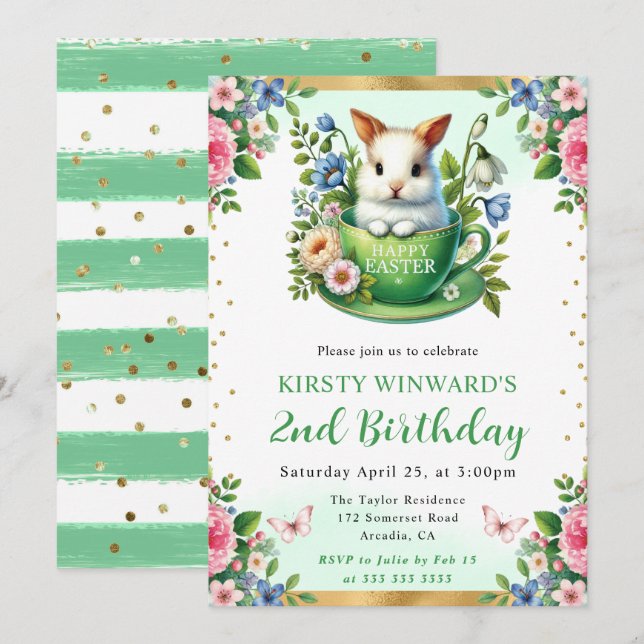 Invitación Conejo de Pascua de acuarela Flores de primavera C (Anverso / Reverso)