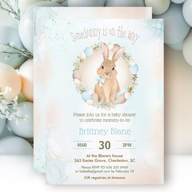 Invitación Conejo de Pascua Elegante Blue Boy Baby Shower (Cute Easter Bunny Elegant Blue Boy Baby Shower Invitation)