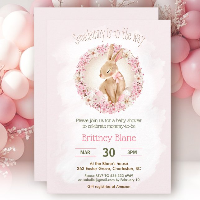 Invitación Conejo de Pascua Elegante Chica Floral Rosa Baby S (Easter Bunny Elegant Pink Floral Girl Baby Shower Invitation)