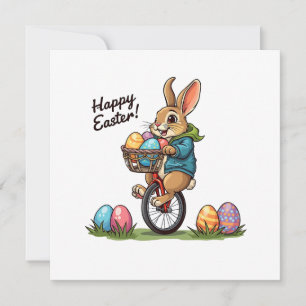 Invitación Conejo de Pascua feliz en un monociclo con canasta