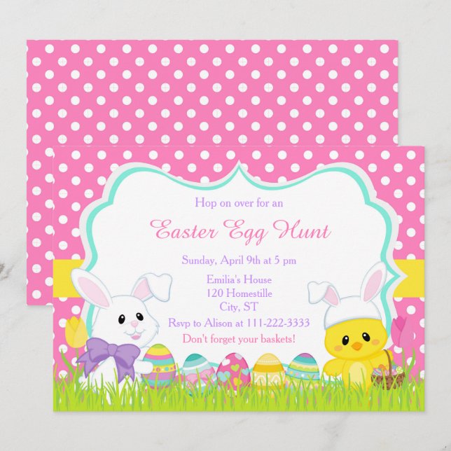 Invitación Conejo de Pascua y caza de huevos de pascua de pol (Anverso / Reverso)
