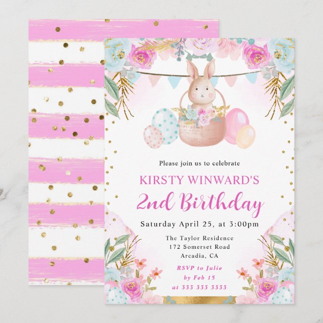 Invitación Conejo de Pascua y flores en acuarela Cumpleaños (Anverso / Reverso)
